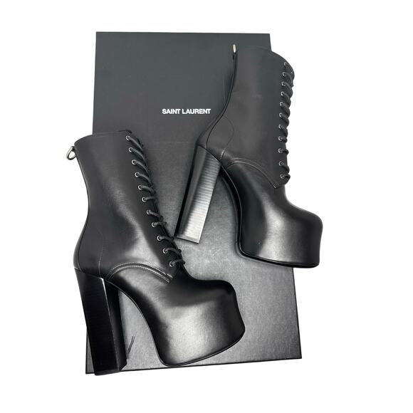 Saint Laurent Black Cherry Leather Platform Ankle Boots lace-up Designer EU 36.5 - Picture 4 of 14